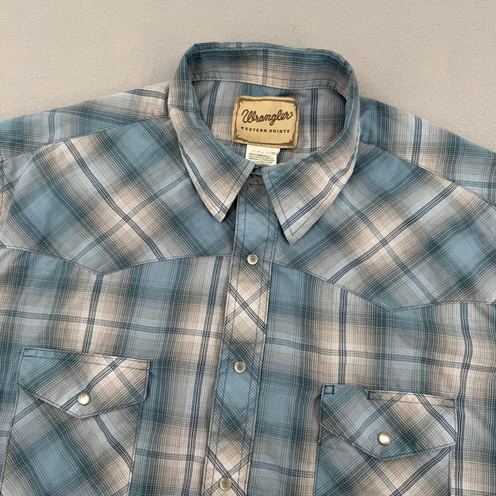 Wrangler Pearl Snap Western Shirt Mens 2XL Blue Plaid Short Sleeve Workwear